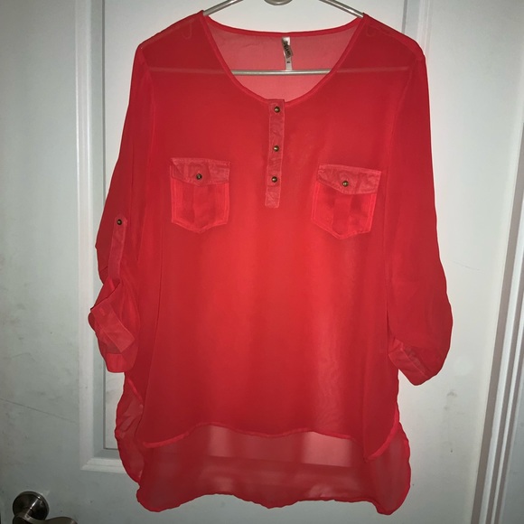 Neon orange - see through - 3 button w pockets blouse - size XL - HIGH LOW TUNIC - Picture 1 of 5